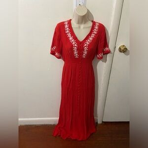 Red maxi dress with white floral.